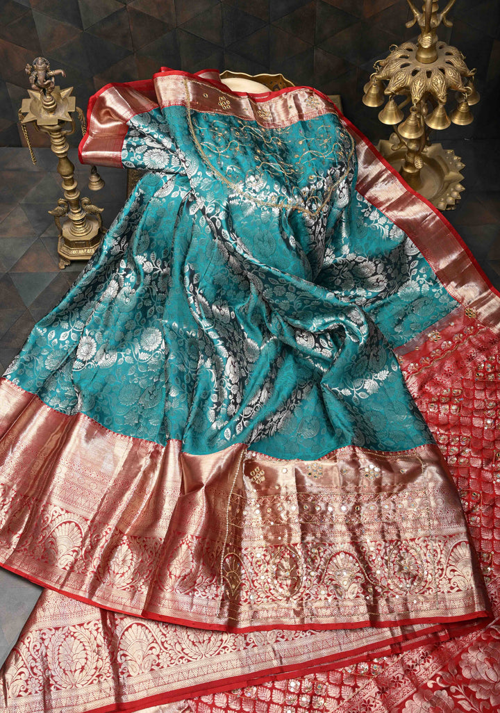 Rama Green Sequins,cutdana and Mirror Work on Kanjivaram Silk Saree with Floral, Peacock Brocade Jaal | SILK MARK CERTIFIED