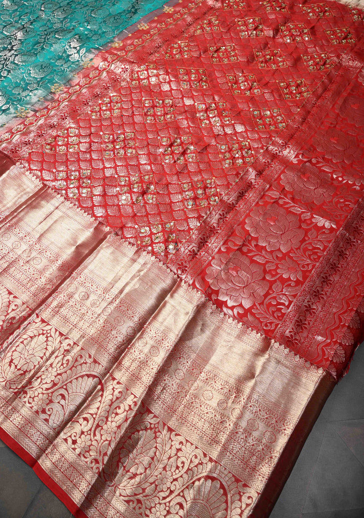 Rama Green Sequins,cutdana and Mirror Work on Kanjivaram Silk Saree with Floral, Peacock Brocade Jaal | SILK MARK CERTIFIED