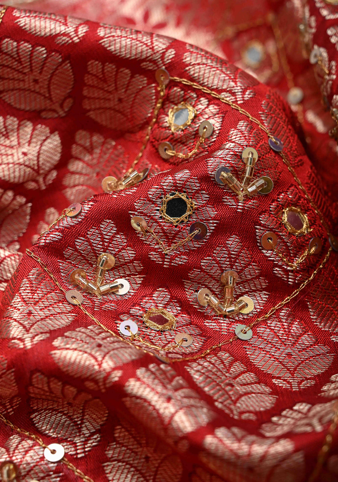 Rama Green Sequins,cutdana and Mirror Work on Kanjivaram Silk Saree with Floral, Peacock Brocade Jaal | SILK MARK CERTIFIED
