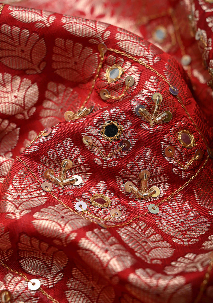 Rama Green Sequins,cutdana and Mirror Work on Kanjivaram Silk Saree with Floral, Peacock Brocade Jaal | SILK MARK CERTIFIED
