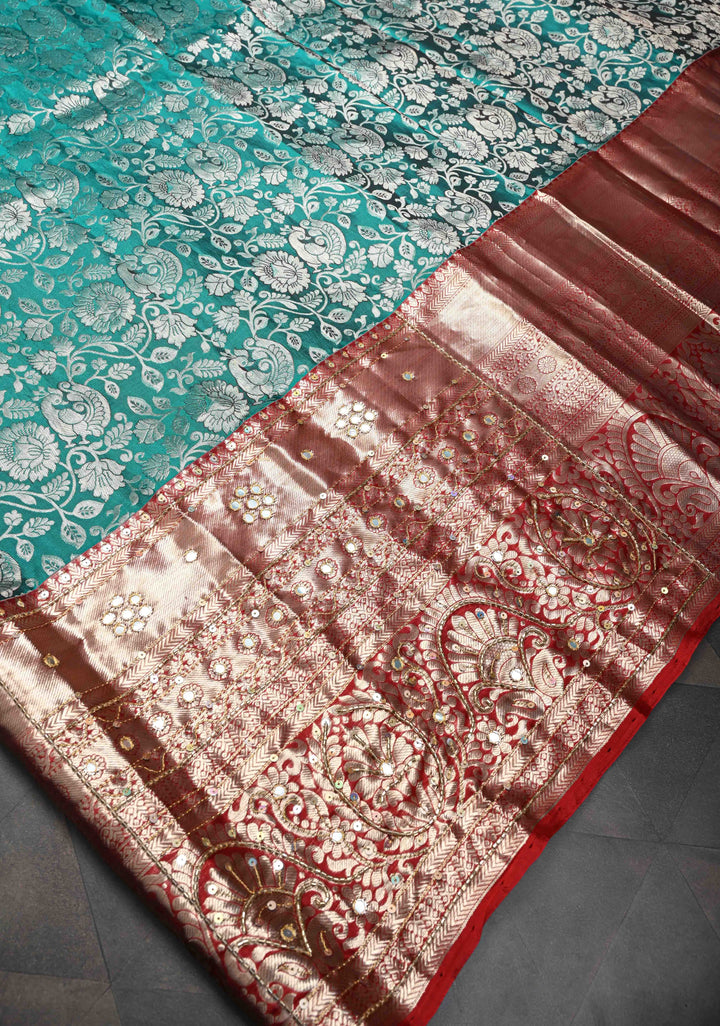 Rama Green Sequins,cutdana and Mirror Work on Kanjivaram Silk Saree with Floral, Peacock Brocade Jaal | SILK MARK CERTIFIED