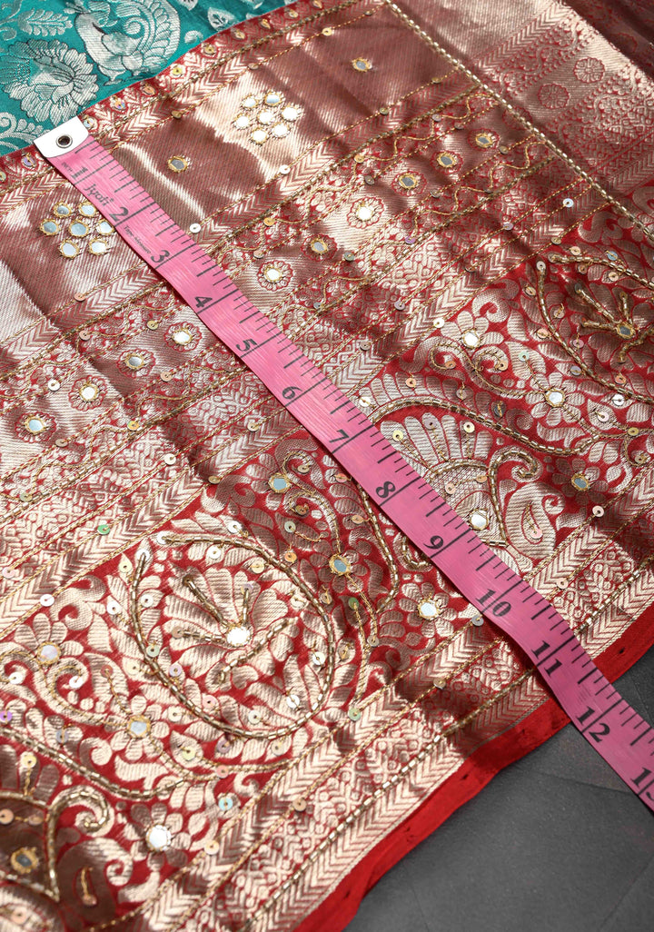 Rama Green Sequins,cutdana and Mirror Work on Kanjivaram Silk Saree with Floral, Peacock Brocade Jaal | SILK MARK CERTIFIED