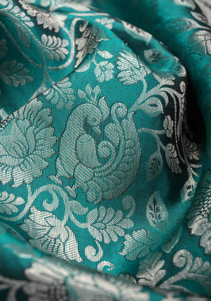 Rama Green Sequins,cutdana and Mirror Work on Kanjivaram Silk Saree with Floral, Peacock Brocade Jaal | SILK MARK CERTIFIED