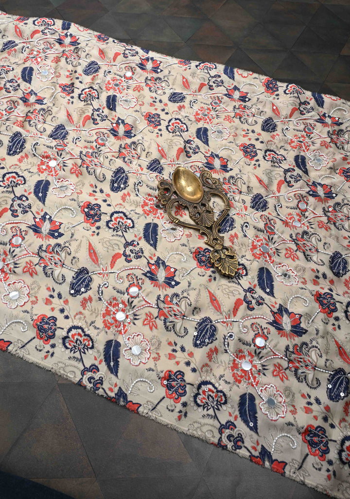 Light Sage Green Crepe Georgette Silk Saree with Floral digital Print, Sequins, Cutdana and Mirror Work