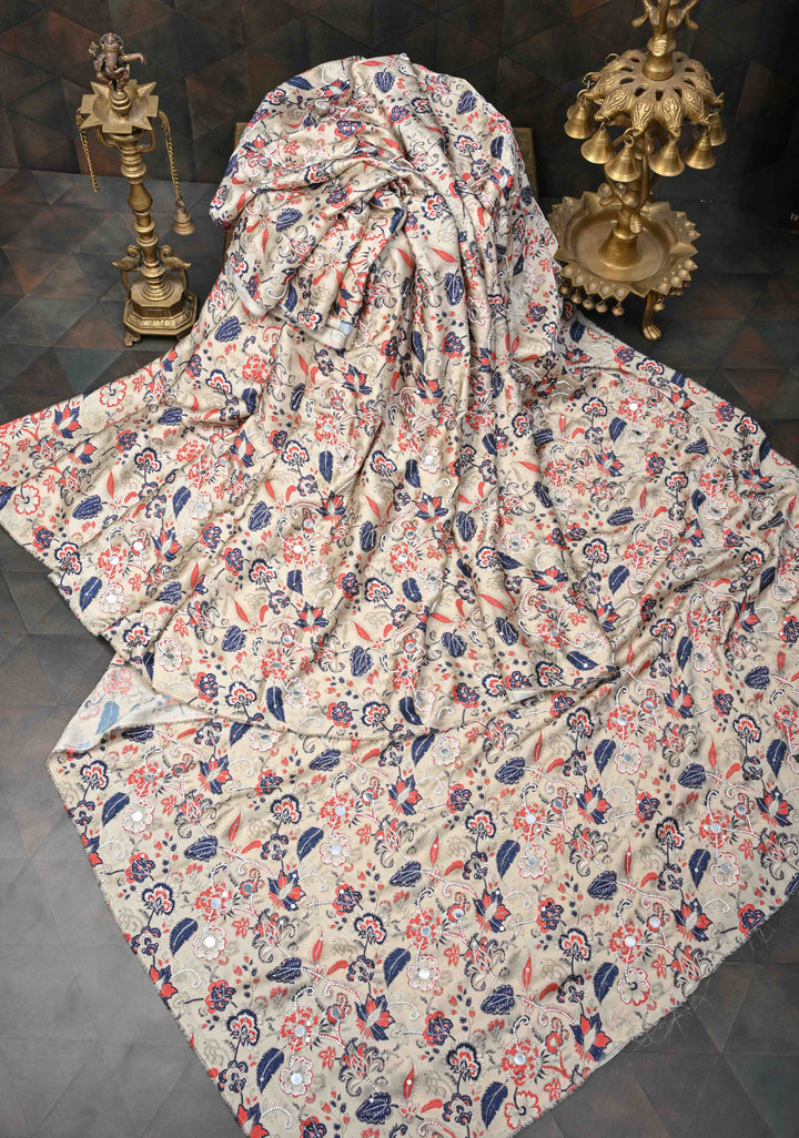 Light Sage Green Crepe Georgette Silk Saree with Floral digital Print, Sequins, Cutdana and Mirror Work