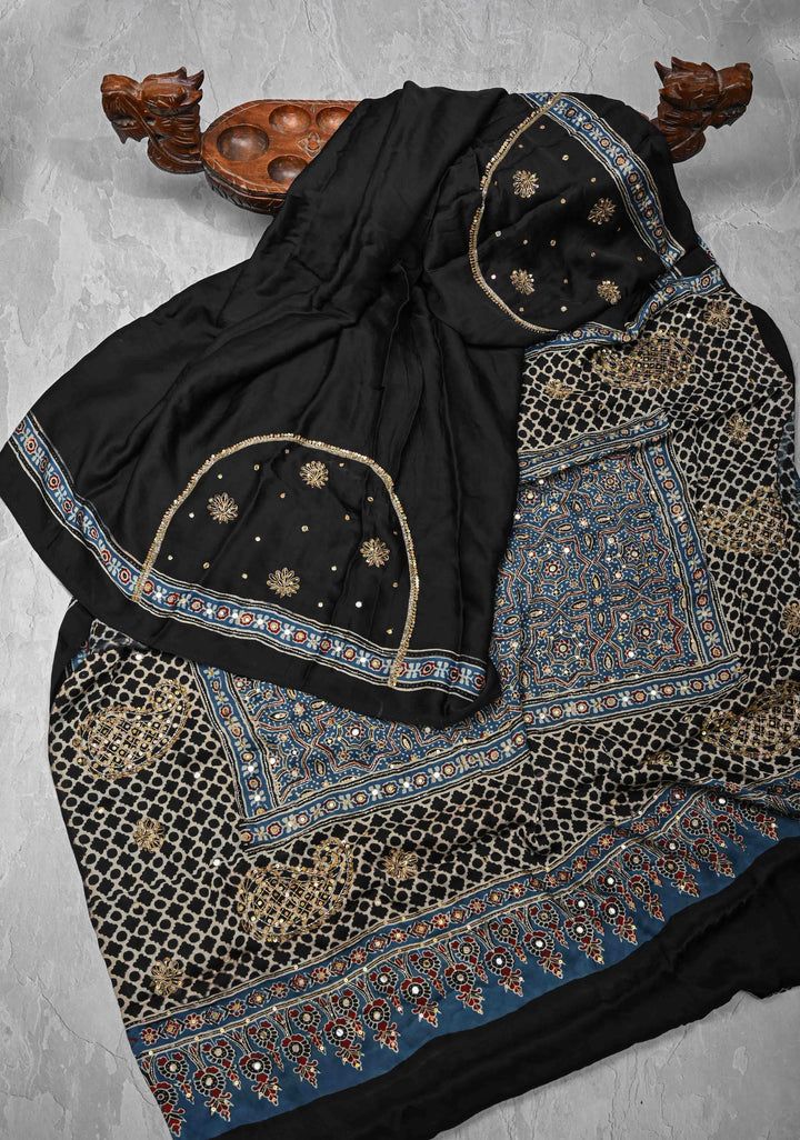 Black Modal Silk Saree with Ajrakh Hand Block Print on Border and Pallu and Sequins, Cutdana, Mirror Hand embroidery