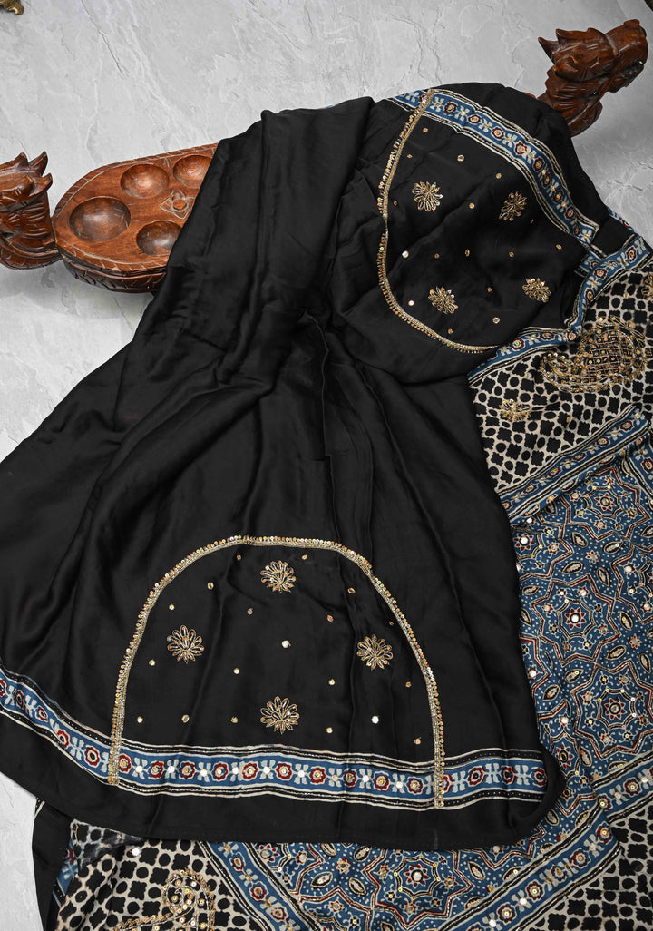 Black Modal Silk Saree with Ajrakh Hand Block Print on Border and Pallu and Sequins, Cutdana, Mirror Hand embroidery