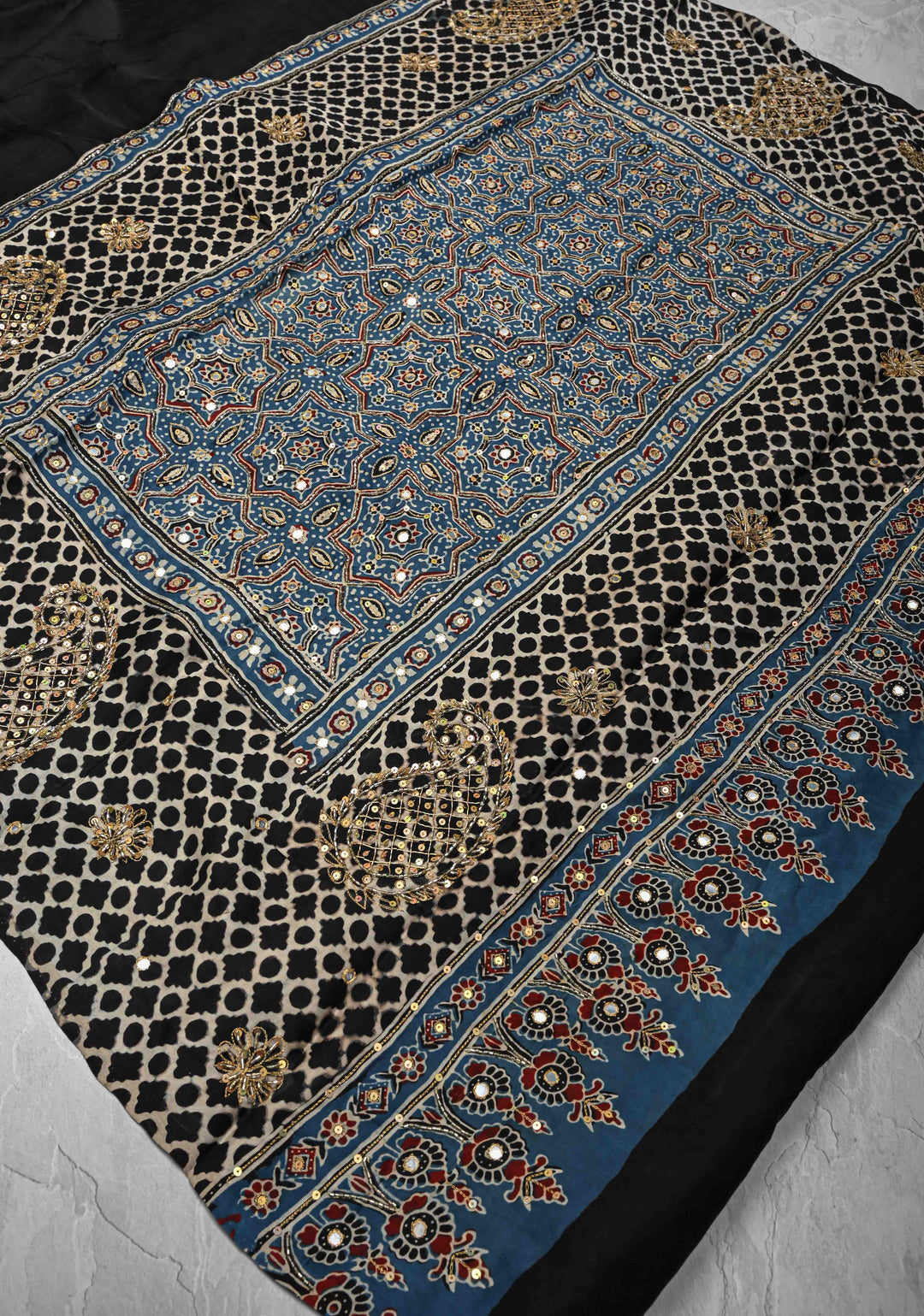 Black Modal Silk Saree with Ajrakh Hand Block Print on Border and Pallu and Sequins, Cutdana, Mirror Hand embroidery