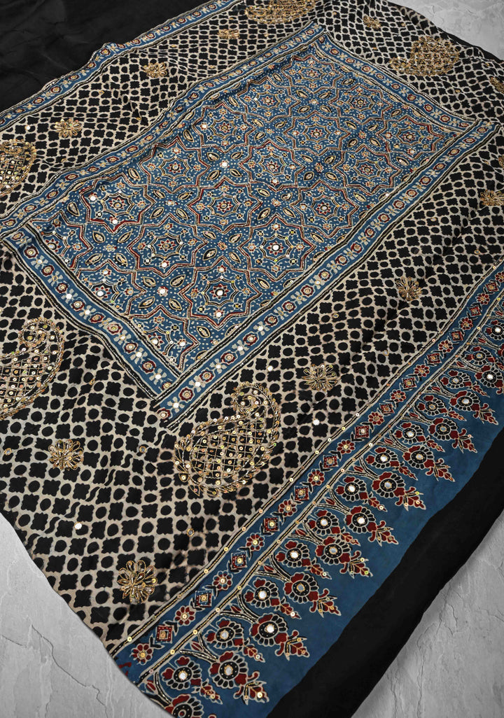 Black Modal Silk Saree with Ajrakh Hand Block Print on Border and Pallu and Sequins, Cutdana, Mirror Hand embroidery