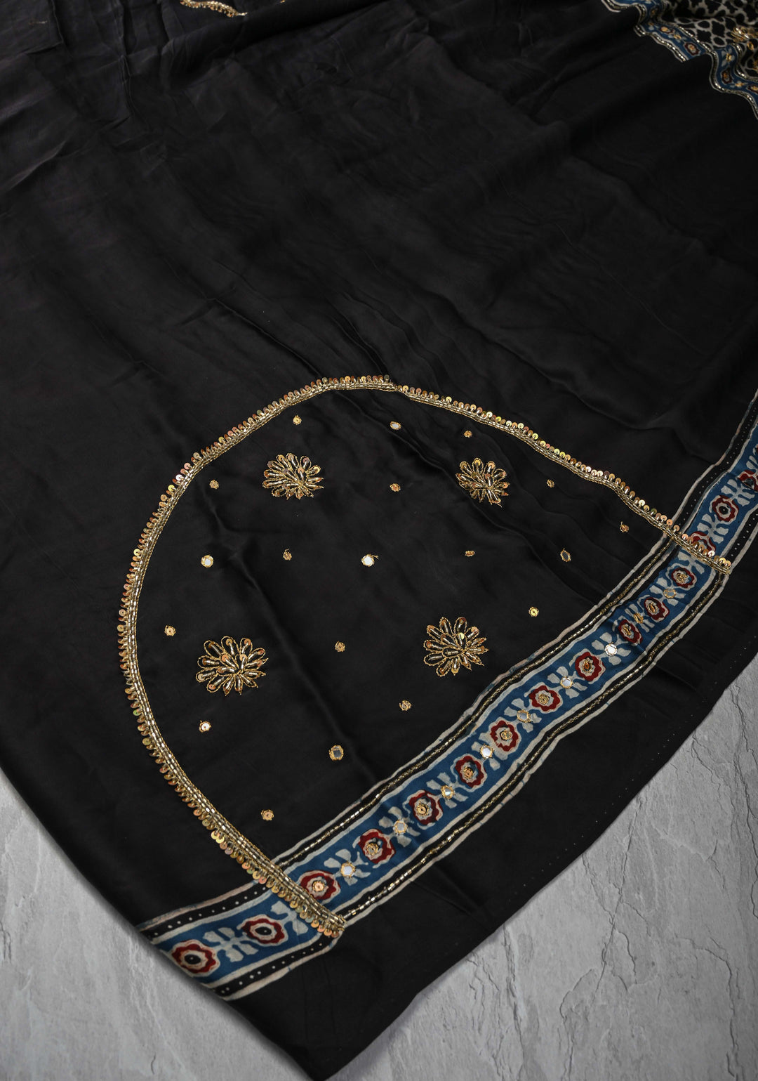 Black Modal Silk Saree with Ajrakh Hand Block Print on Border and Pallu and Sequins, Cutdana, Mirror Hand embroidery
