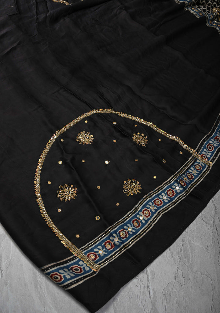Black Modal Silk Saree with Ajrakh Hand Block Print on Border and Pallu and Sequins, Cutdana, Mirror Hand embroidery