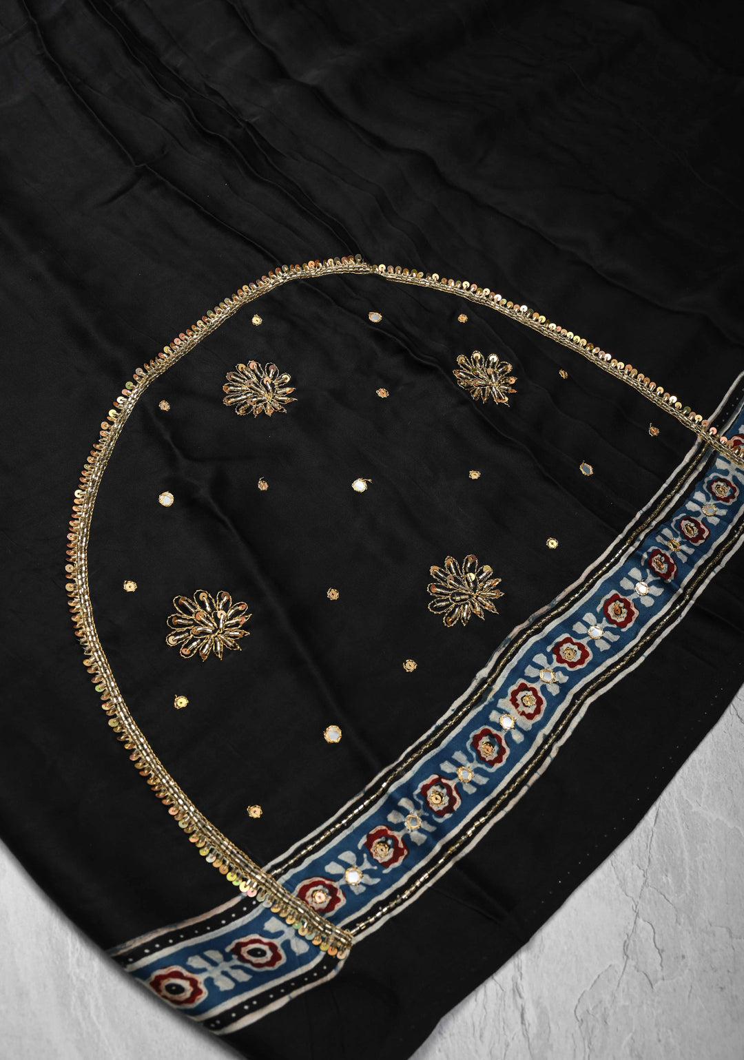 Black Modal Silk Saree with Ajrakh Hand Block Print on Border and Pallu and Sequins, Cutdana, Mirror Hand embroidery