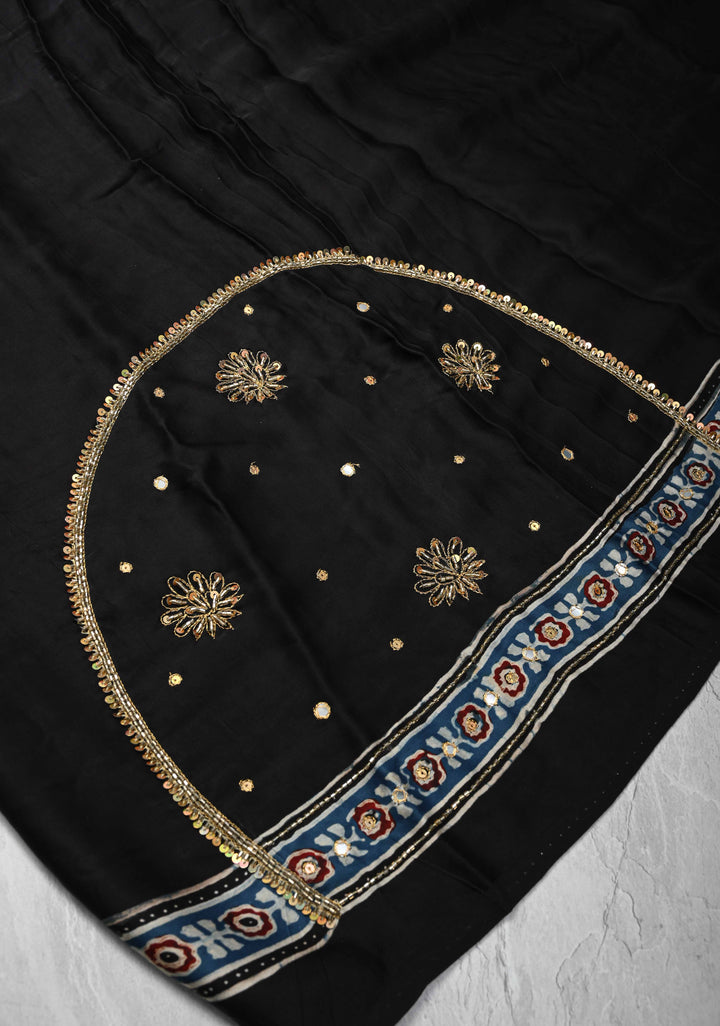 Black Modal Silk Saree with Ajrakh Hand Block Print on Border and Pallu and Sequins, Cutdana, Mirror Hand embroidery