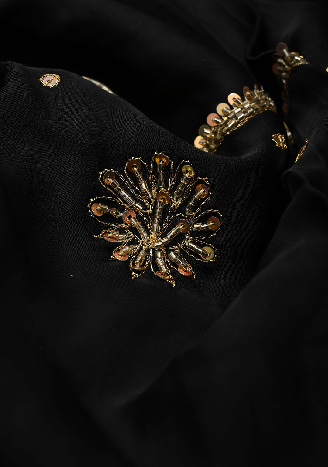Black Modal Silk Saree with Ajrakh Hand Block Print on Border and Pallu and Sequins, Cutdana, Mirror Hand embroidery