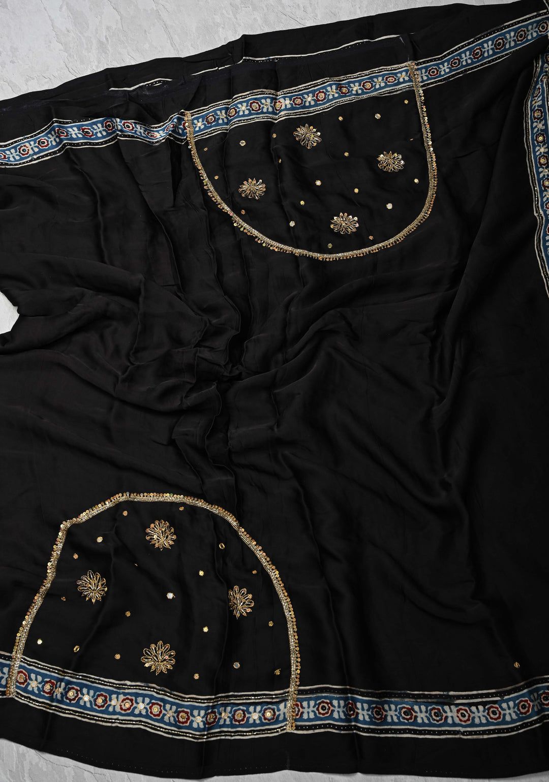 Black Modal Silk Saree with Ajrakh Hand Block Print on Border and Pallu and Sequins, Cutdana, Mirror Hand embroidery