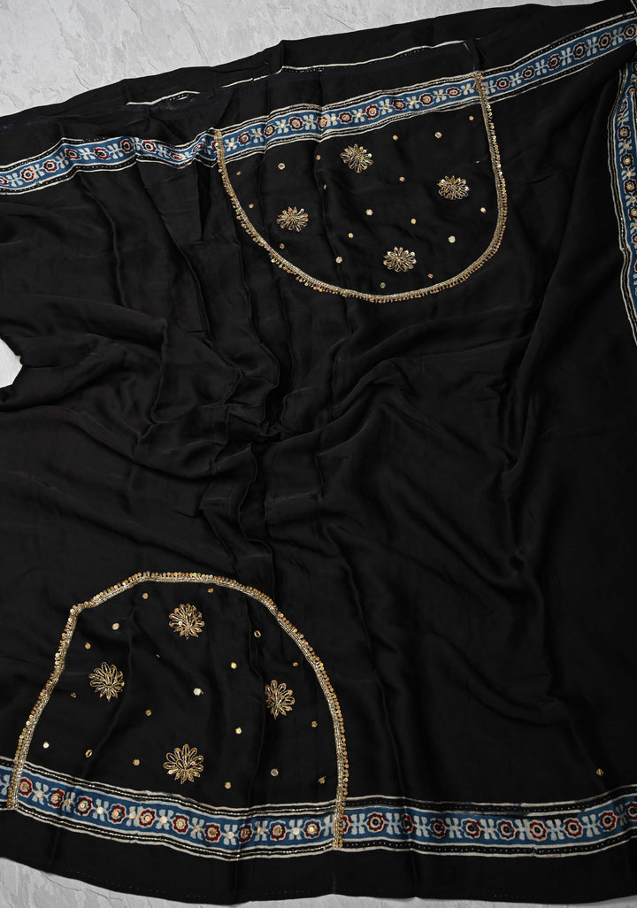 Black Modal Silk Saree with Ajrakh Hand Block Print on Border and Pallu and Sequins, Cutdana, Mirror Hand embroidery