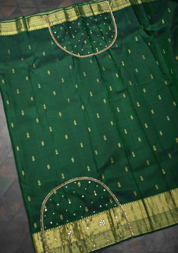 Bottle Green Sequins, cutdana and Mirror Work on Kanjivaram Silk Saree with Zari Buttis and Zari Border  | SILK MARK CERTIFIED