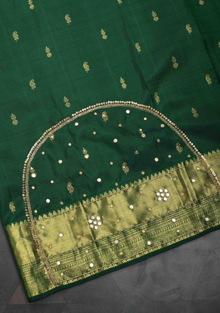 Bottle Green Sequins, cutdana and Mirror Work on Kanjivaram Silk Saree with Zari Buttis and Zari Border  | SILK MARK CERTIFIED