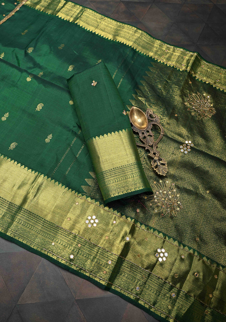 Bottle Green Sequins, cutdana and Mirror Work on Kanjivaram Silk Saree with Zari Buttis and Zari Border  | SILK MARK CERTIFIED