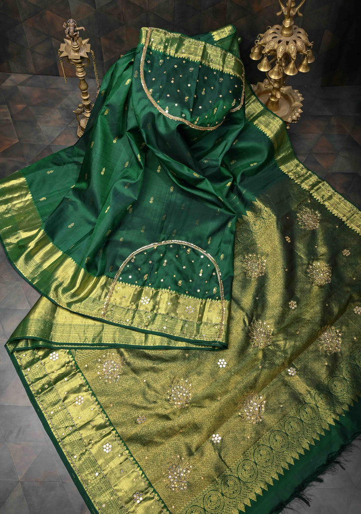 Bottle Green Sequins, cutdana and Mirror Work on Kanjivaram Silk Saree with Zari Buttis and Zari Border  | SILK MARK CERTIFIED