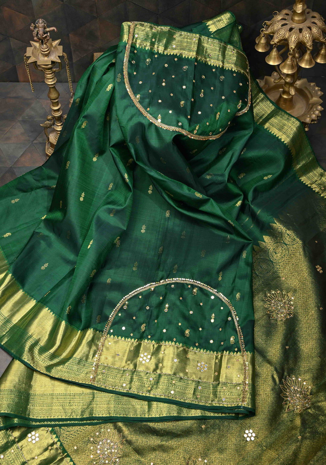 Bottle Green Sequins, cutdana and Mirror Work on Kanjivaram Silk Saree with Zari Buttis and Zari Border  | SILK MARK CERTIFIED