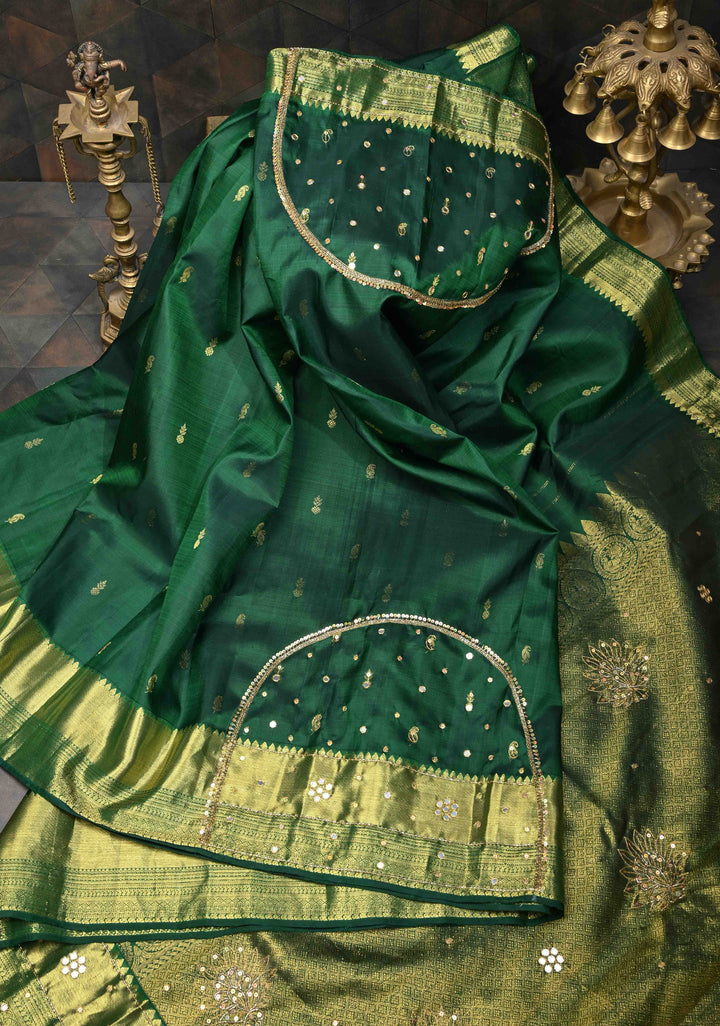 Bottle Green Sequins, cutdana and Mirror Work on Kanjivaram Silk Saree with Zari Buttis and Zari Border  | SILK MARK CERTIFIED