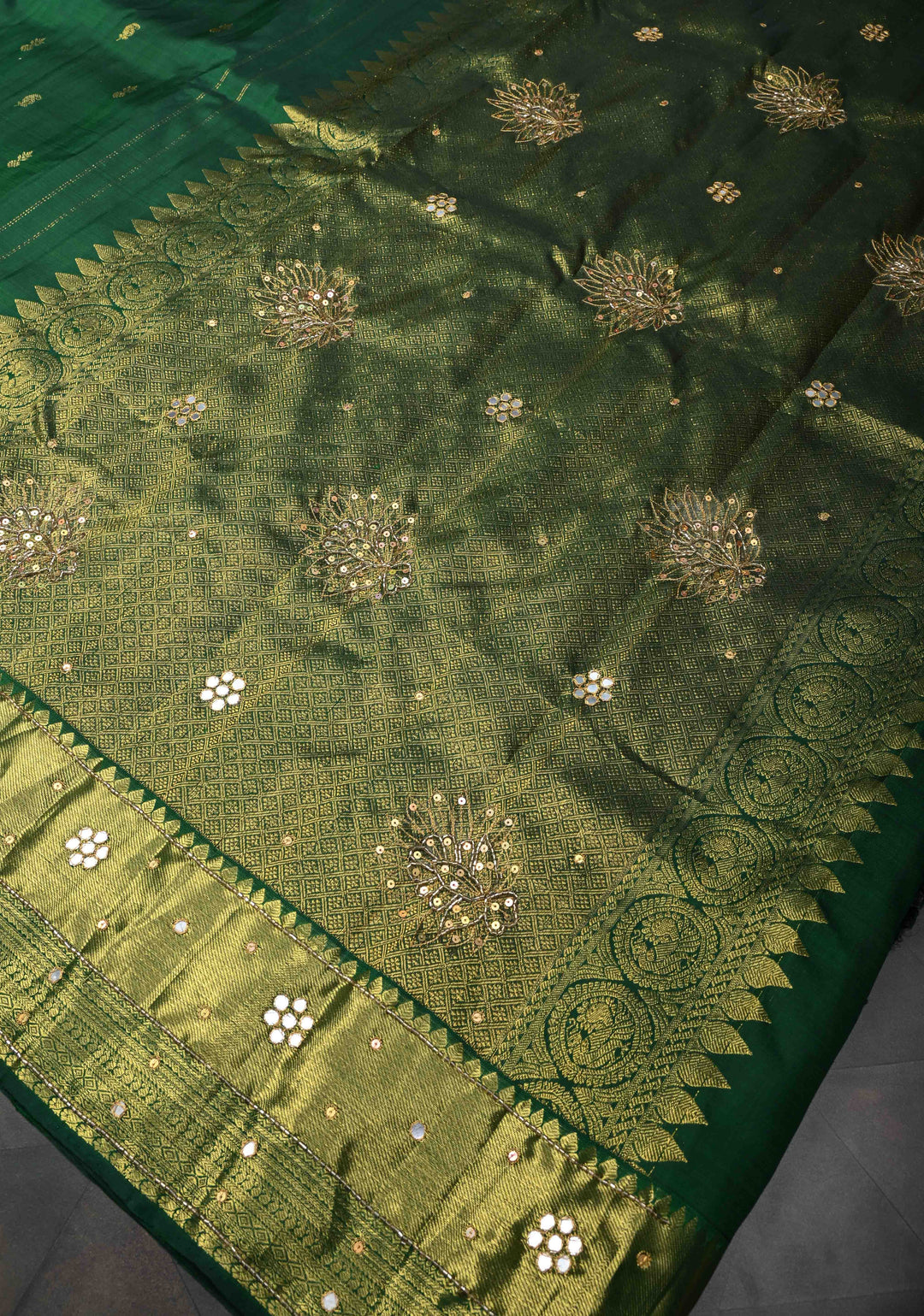 Bottle Green Sequins, cutdana and Mirror Work on Kanjivaram Silk Saree with Zari Buttis and Zari Border  | SILK MARK CERTIFIED