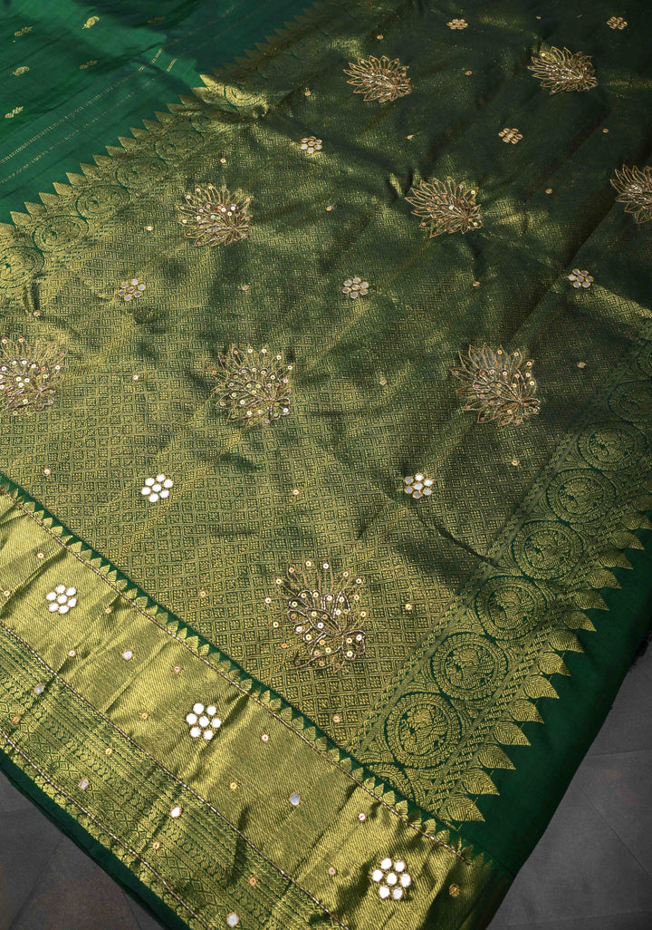 Bottle Green Sequins, cutdana and Mirror Work on Kanjivaram Silk Saree with Zari Buttis and Zari Border  | SILK MARK CERTIFIED