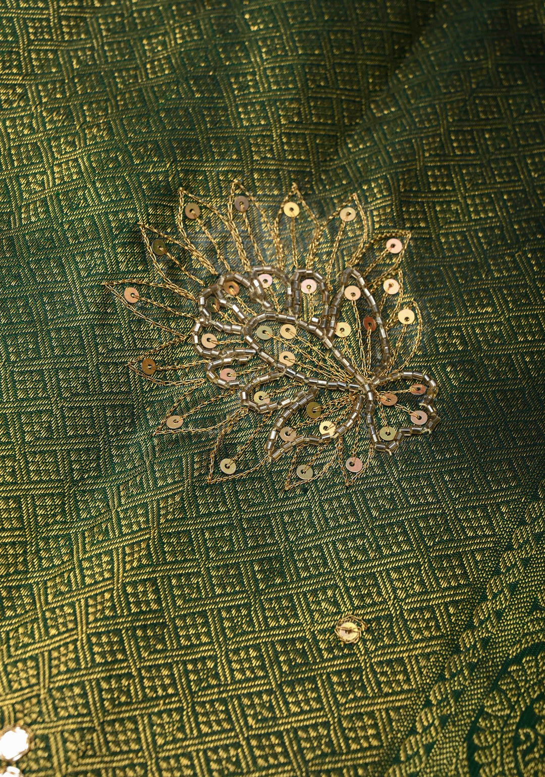Bottle Green Sequins, cutdana and Mirror Work on Kanjivaram Silk Saree with Zari Buttis and Zari Border  | SILK MARK CERTIFIED