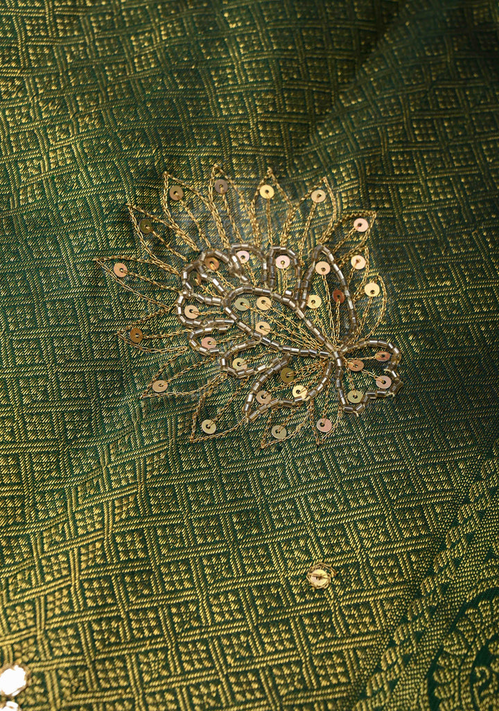 Bottle Green Sequins, cutdana and Mirror Work on Kanjivaram Silk Saree with Zari Buttis and Zari Border  | SILK MARK CERTIFIED