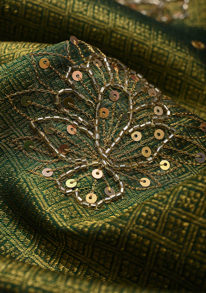 Bottle Green Sequins, cutdana and Mirror Work on Kanjivaram Silk Saree with Zari Buttis and Zari Border  | SILK MARK CERTIFIED