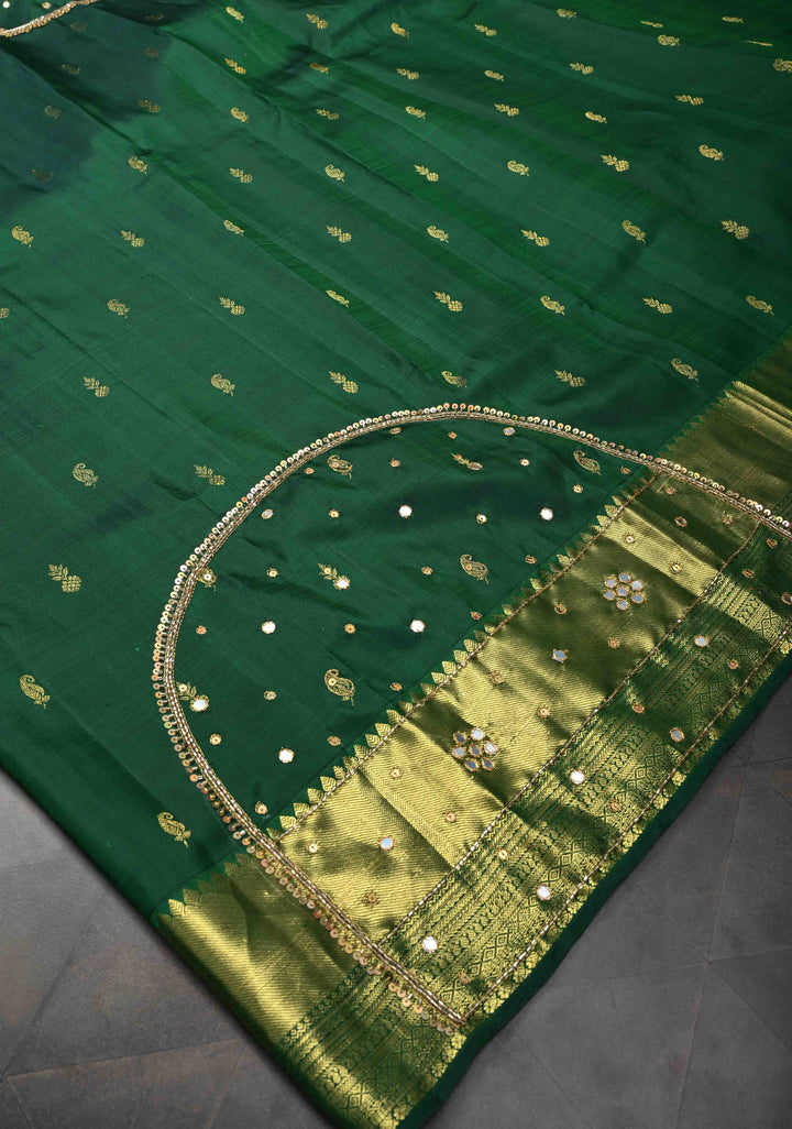 Bottle Green Sequins, cutdana and Mirror Work on Kanjivaram Silk Saree with Zari Buttis and Zari Border  | SILK MARK CERTIFIED