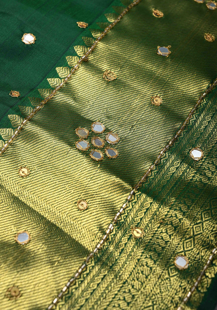 Bottle Green Sequins, cutdana and Mirror Work on Kanjivaram Silk Saree with Zari Buttis and Zari Border  | SILK MARK CERTIFIED
