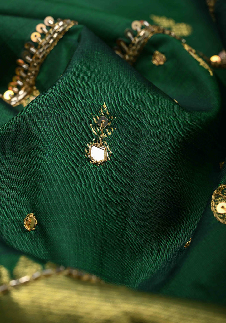 Bottle Green Sequins, cutdana and Mirror Work on Kanjivaram Silk Saree with Zari Buttis and Zari Border  | SILK MARK CERTIFIED
