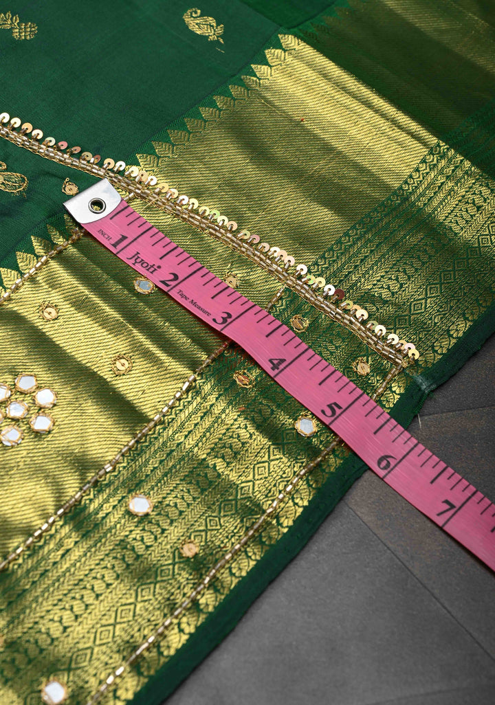 Bottle Green Sequins, cutdana and Mirror Work on Kanjivaram Silk Saree with Zari Buttis and Zari Border  | SILK MARK CERTIFIED