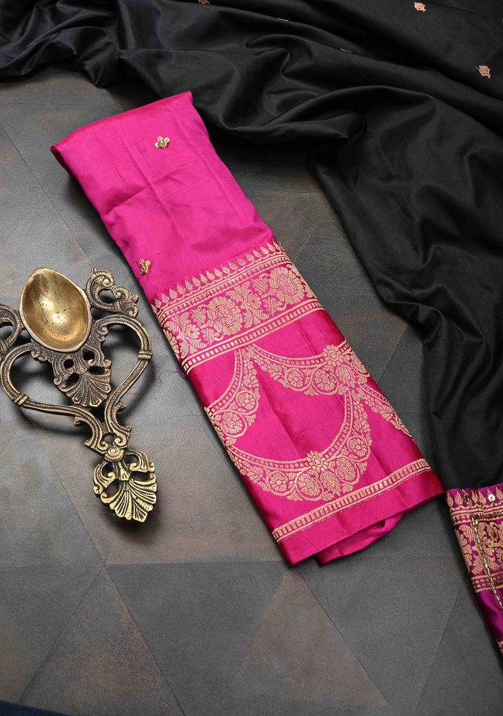 Handwork Sequins, cutdana, Mirror work on Black Katan Silk Saree | SILK MARK CERTIFIED
