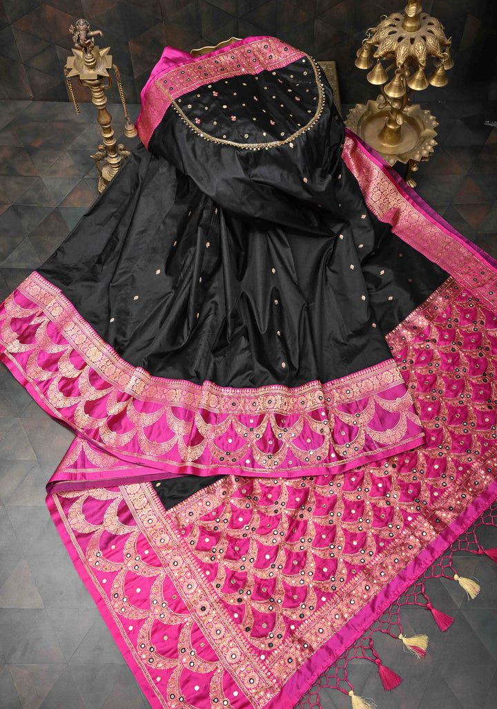 Handwork Sequins, cutdana, Mirror work on Black Katan Silk Saree | SILK MARK CERTIFIED