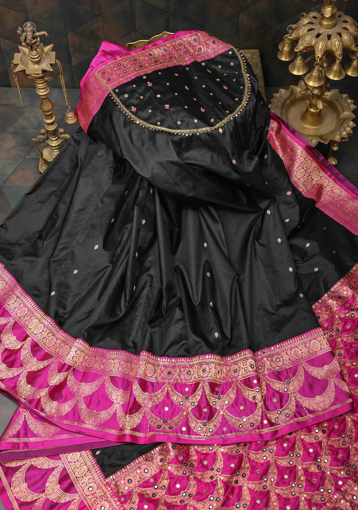 Handwork Sequins, cutdana, Mirror work on Black Katan Silk Saree | SILK MARK CERTIFIED