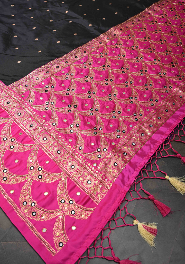 Handwork Sequins, cutdana, Mirror work on Black Katan Silk Saree | SILK MARK CERTIFIED