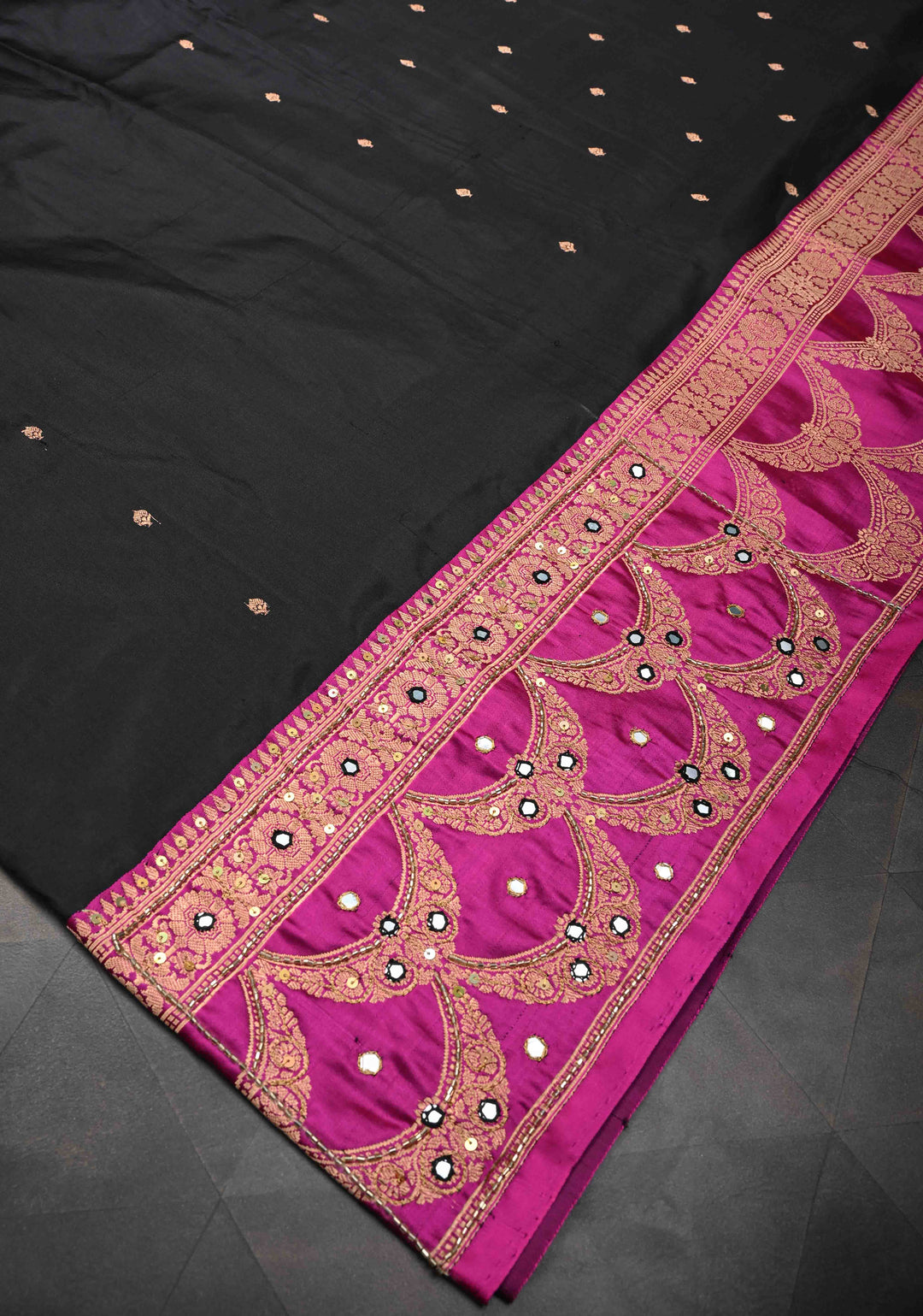 Handwork Sequins, cutdana, Mirror work on Black Katan Silk Saree | SILK MARK CERTIFIED