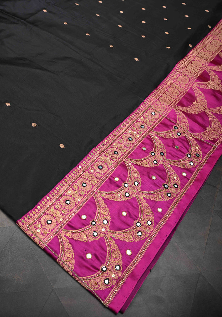 Handwork Sequins, cutdana, Mirror work on Black Katan Silk Saree | SILK MARK CERTIFIED