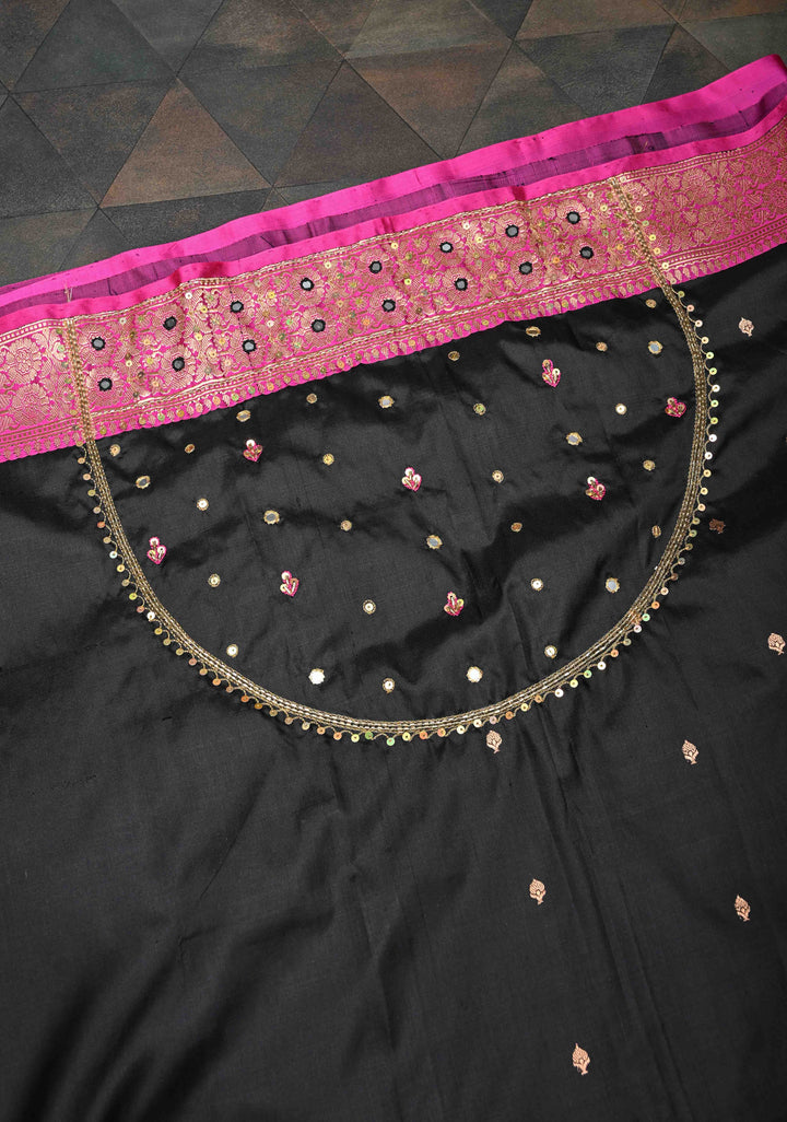 Handwork Sequins, cutdana, Mirror work on Black Katan Silk Saree | SILK MARK CERTIFIED