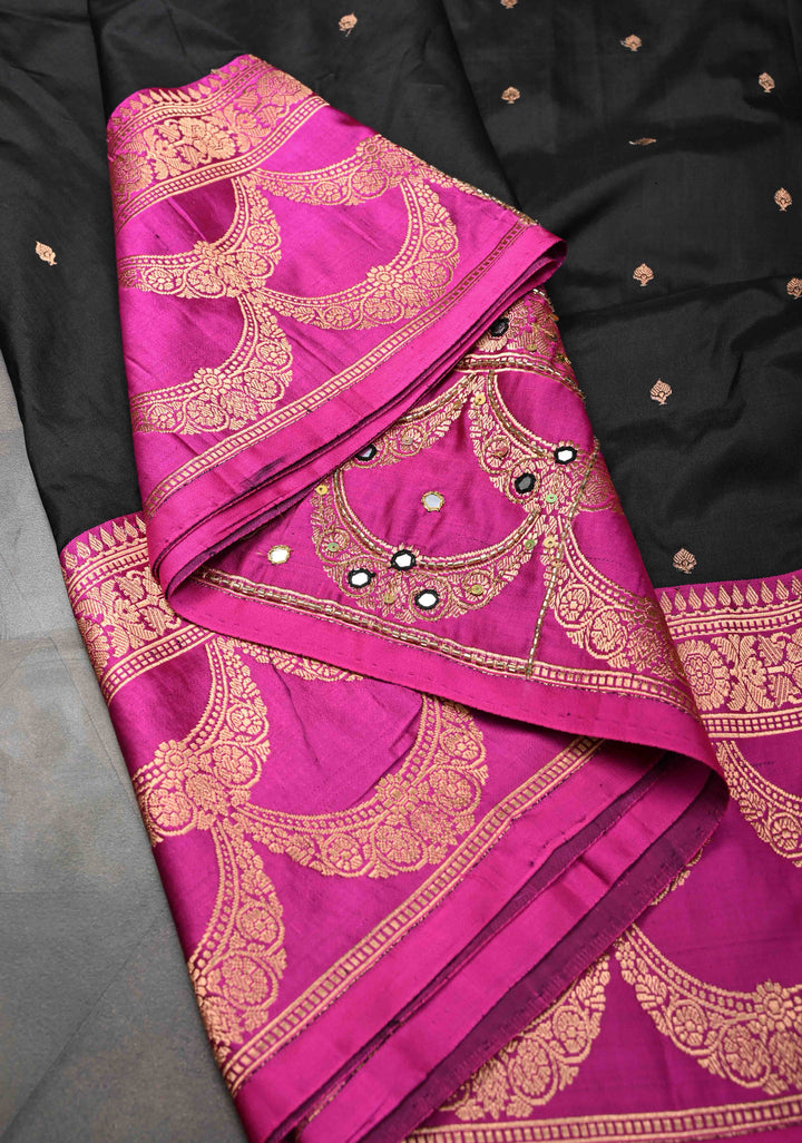 Handwork Sequins, cutdana, Mirror work on Black Katan Silk Saree | SILK MARK CERTIFIED