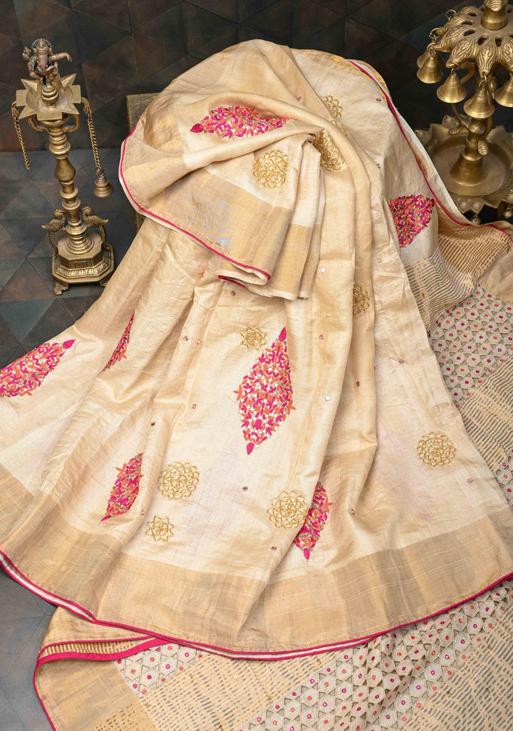 Beige Banarasi Tussar Silk Saree with Sequins, cutdana, Hand Embroidery and Cutwork Pallu | SILK MARK CERTIFIED