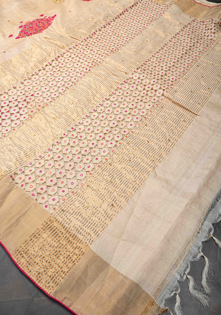Beige Banarasi Tussar Silk Saree with Sequins, cutdana, Hand Embroidery and Cutwork Pallu | SILK MARK CERTIFIED
