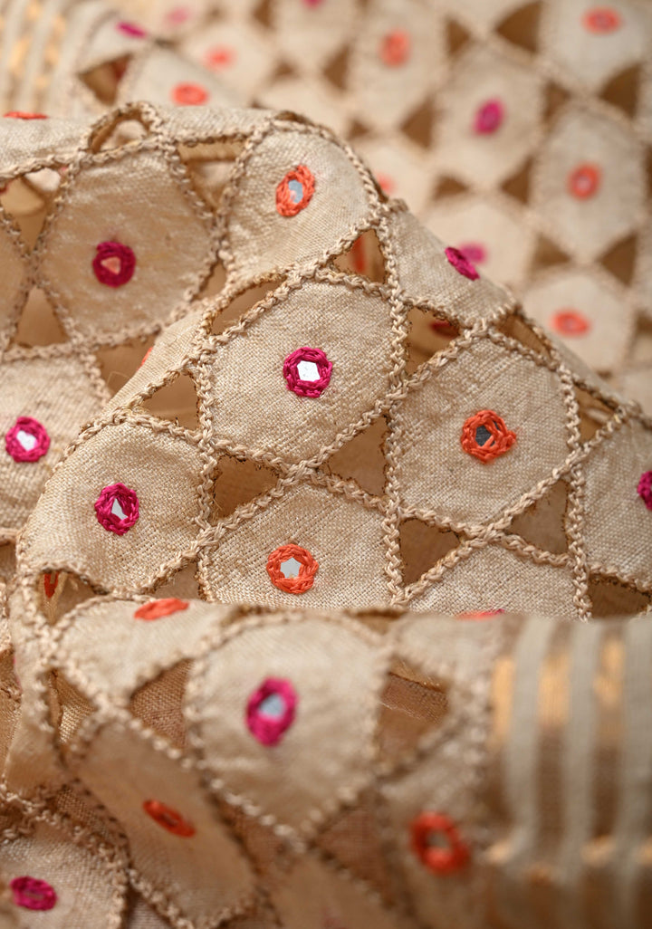 Beige Banarasi Tussar Silk Saree with Sequins, cutdana, Hand Embroidery and Cutwork Pallu | SILK MARK CERTIFIED