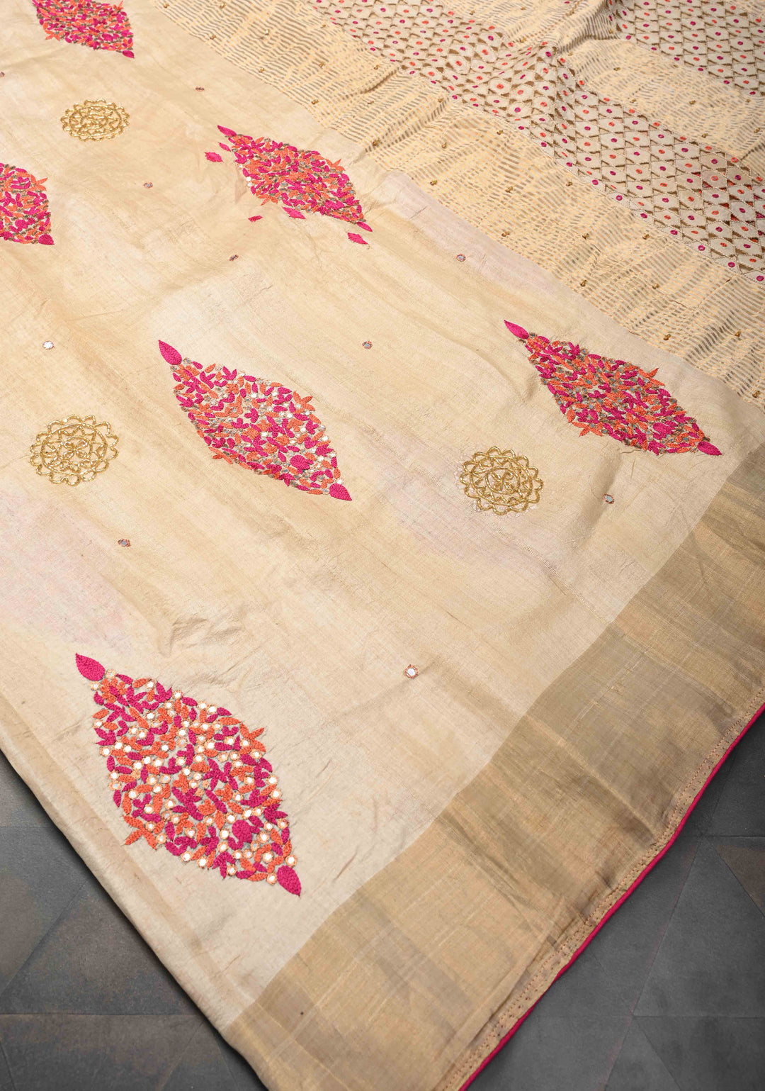 Beige Banarasi Tussar Silk Saree with Sequins, cutdana, Hand Embroidery and Cutwork Pallu | SILK MARK CERTIFIED
