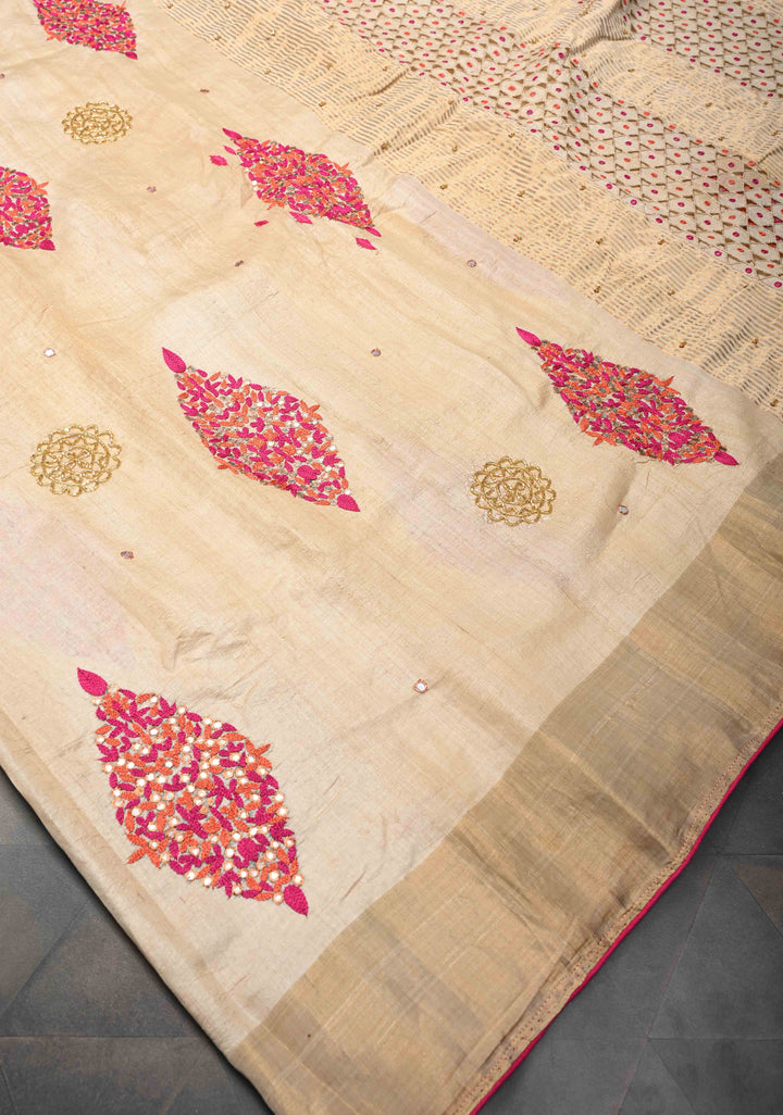 Beige Banarasi Tussar Silk Saree with Sequins, cutdana, Hand Embroidery and Cutwork Pallu | SILK MARK CERTIFIED