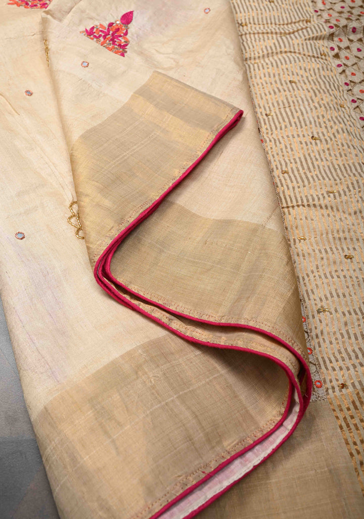 Beige Banarasi Tussar Silk Saree with Sequins, cutdana, Hand Embroidery and Cutwork Pallu | SILK MARK CERTIFIED