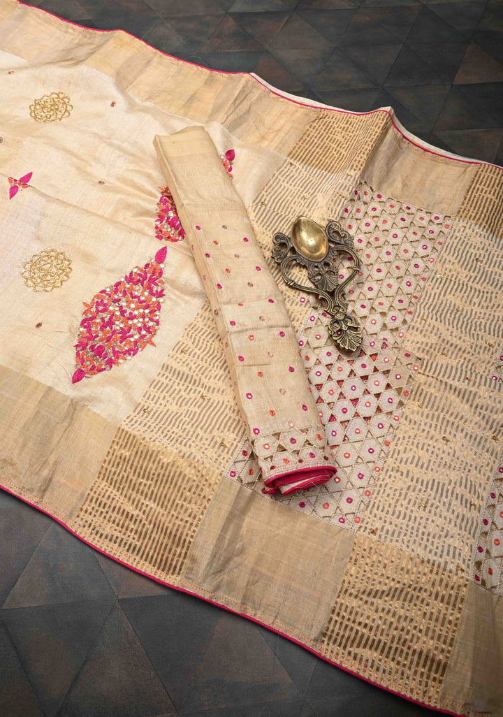 Beige Banarasi Tussar Silk Saree with Sequins, cutdana, Hand Embroidery and Cutwork Pallu | SILK MARK CERTIFIED